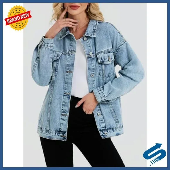 Oversized Denim Jacket Boyfriend Fit Long Sleeve Button Front